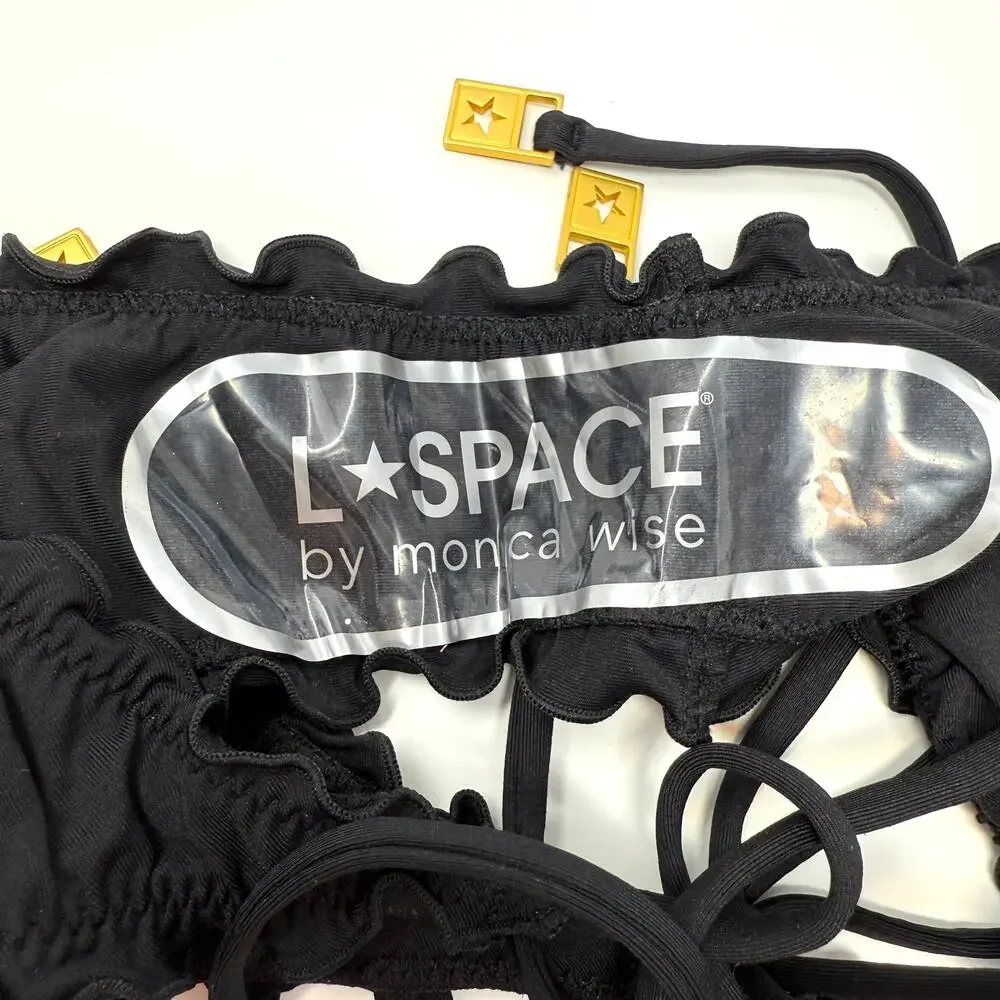 L*SPACE Maggie Roger Ruffled Gold Star Hardware Bikini Set Black Size Small New